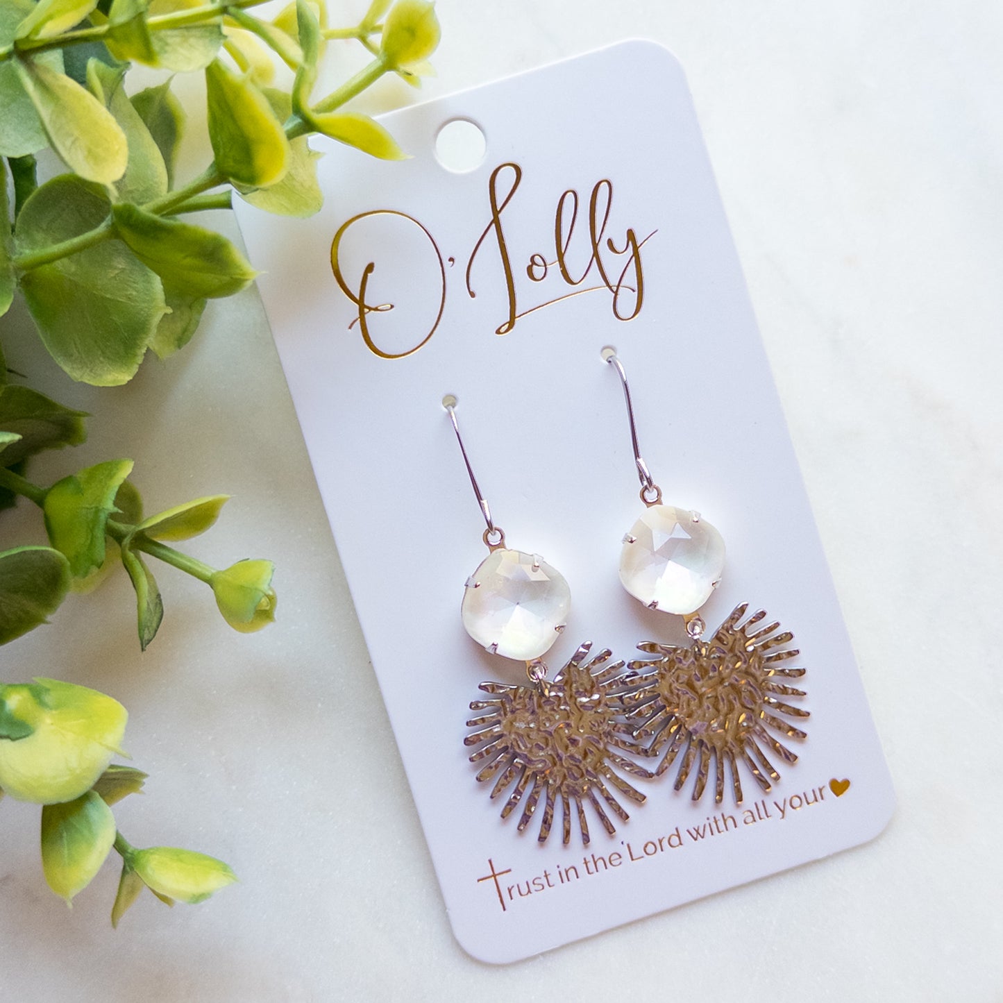 SALE - Silver Textured Fan w/White Stone Dangle Earrings