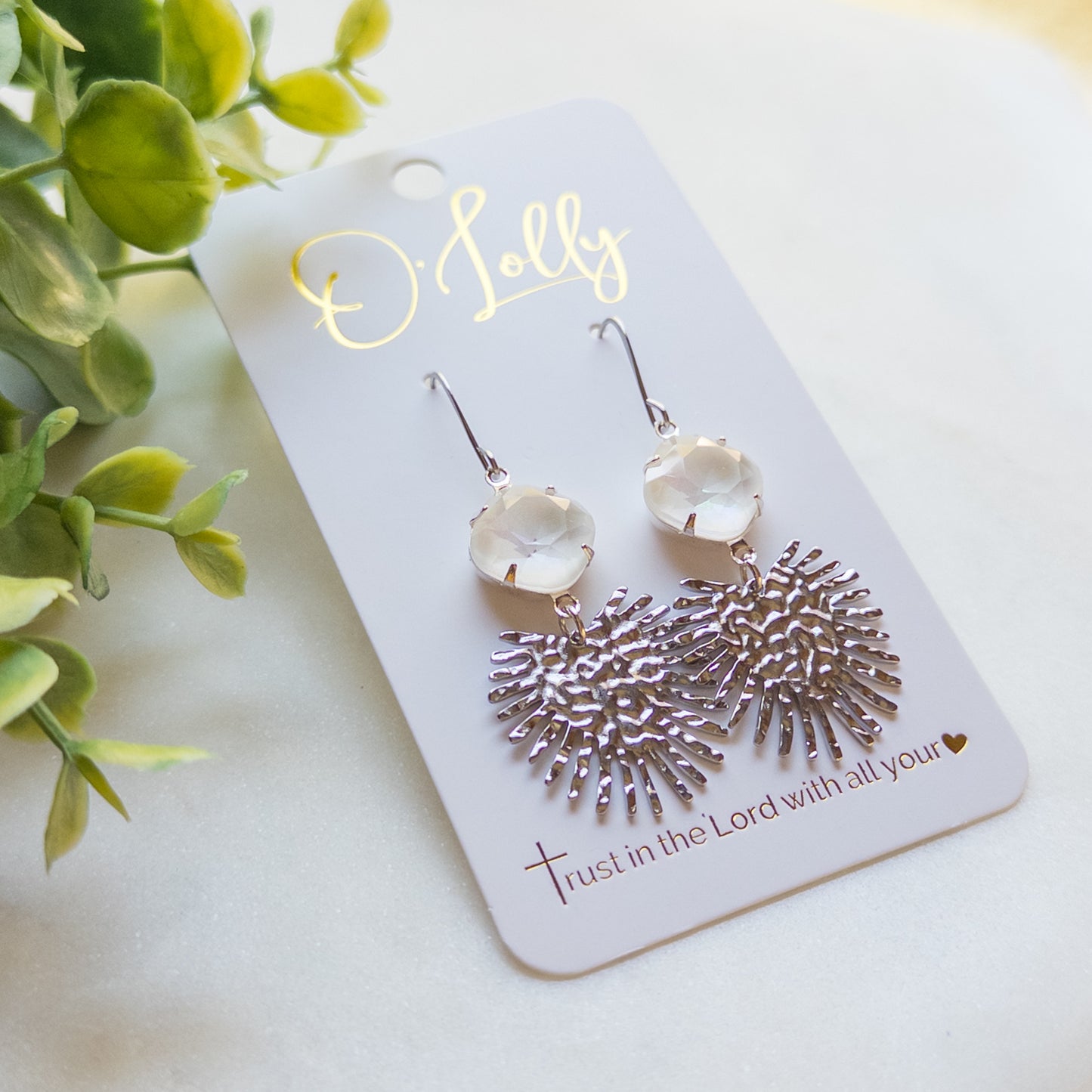 SALE - Silver Textured Fan w/White Stone Dangle Earrings