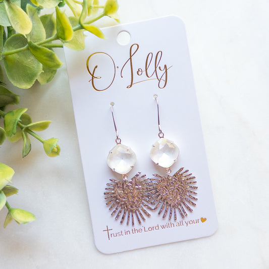 Silver Textured Fan w/White Stone Dangle Earrings