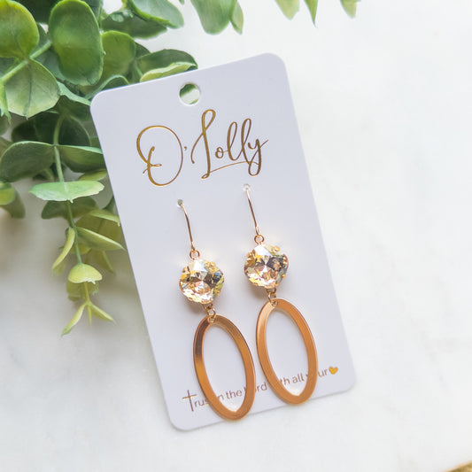 Topaz Stone w/Gold Shiny Open Oval Dangle Earrings “Elise”