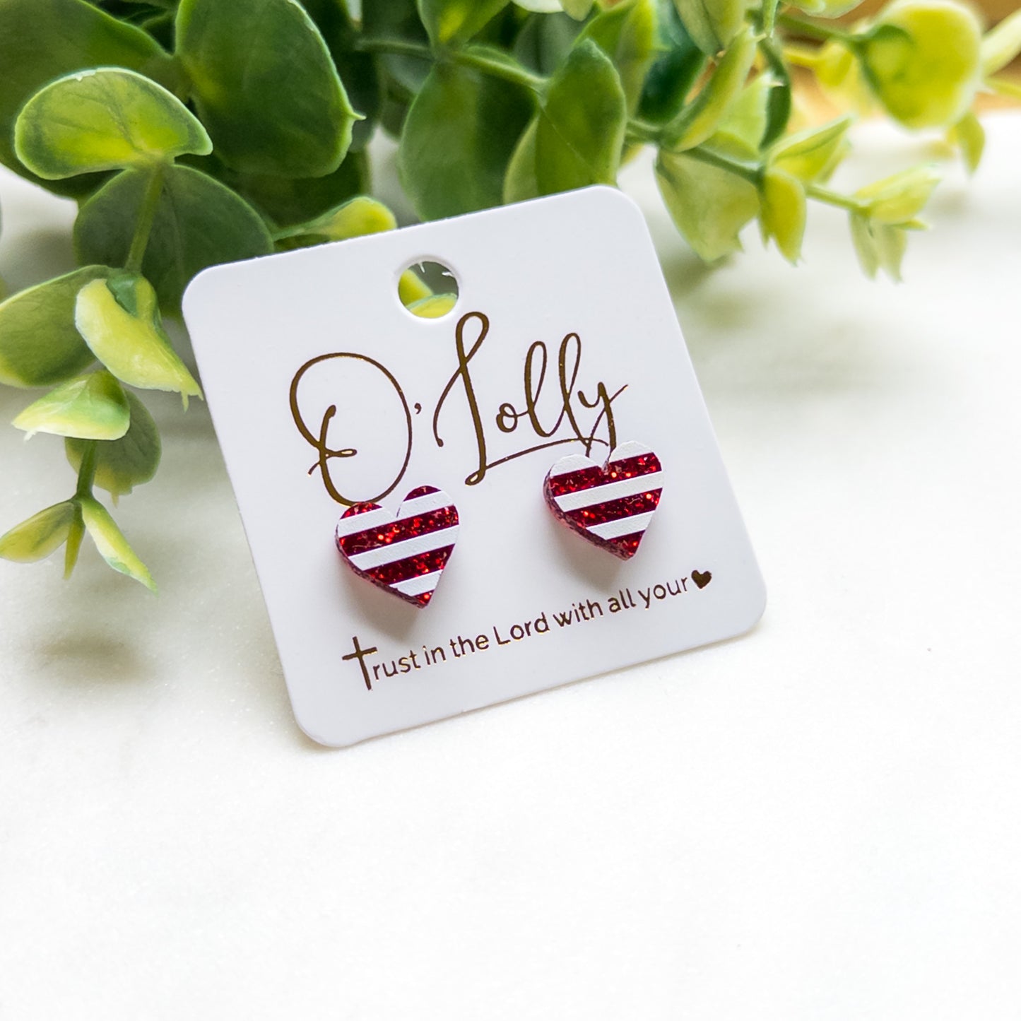 Red Glitter Heart Stripe Acrylic Stud Earrings
