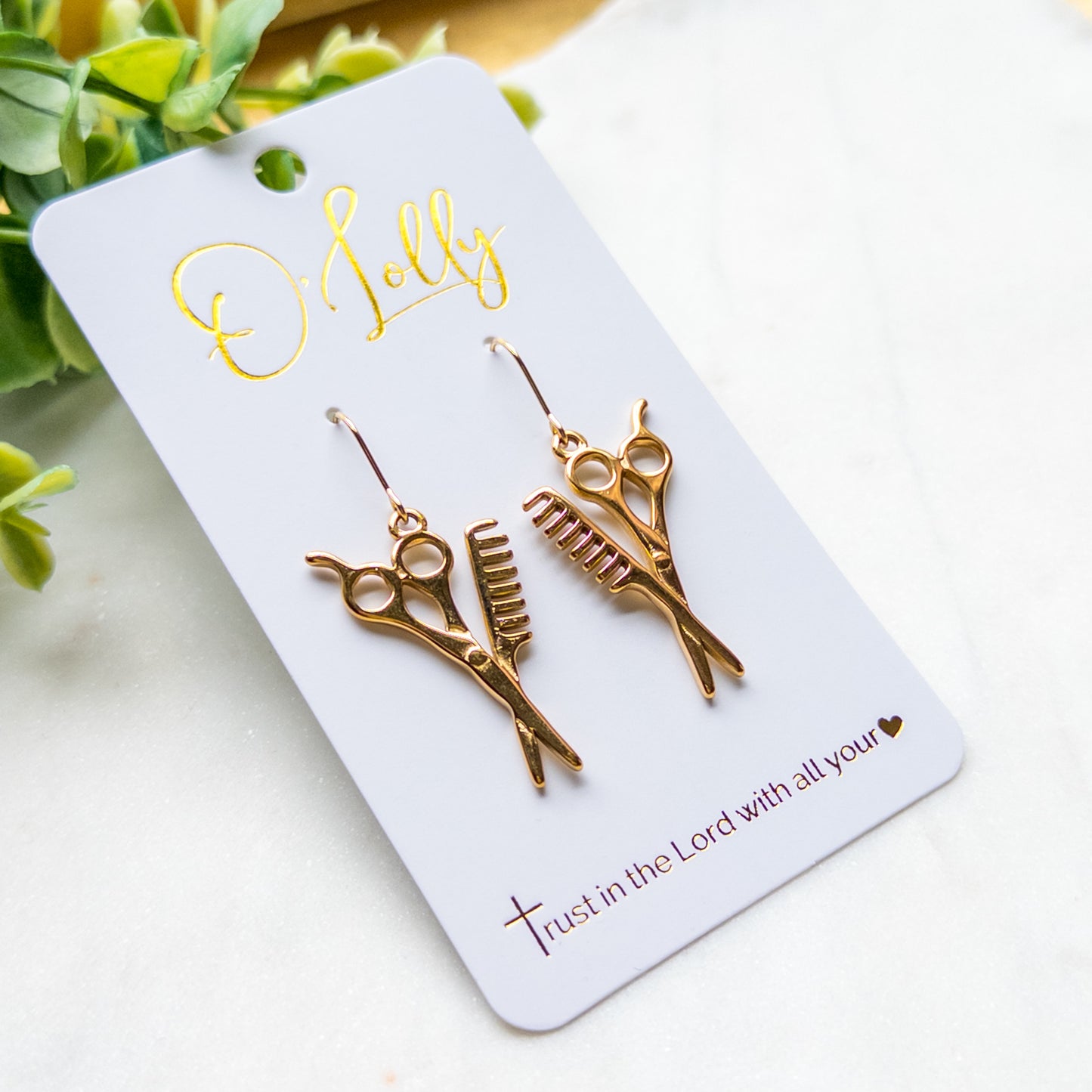 Gold Stylist Scissors & Comb Dangle Earrings