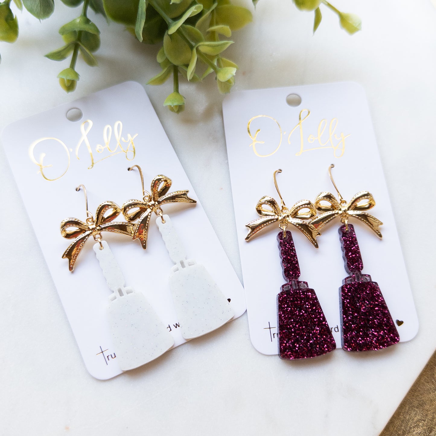 White or Maroon Acrylic Glitter Cowbell w/Gold Bow
