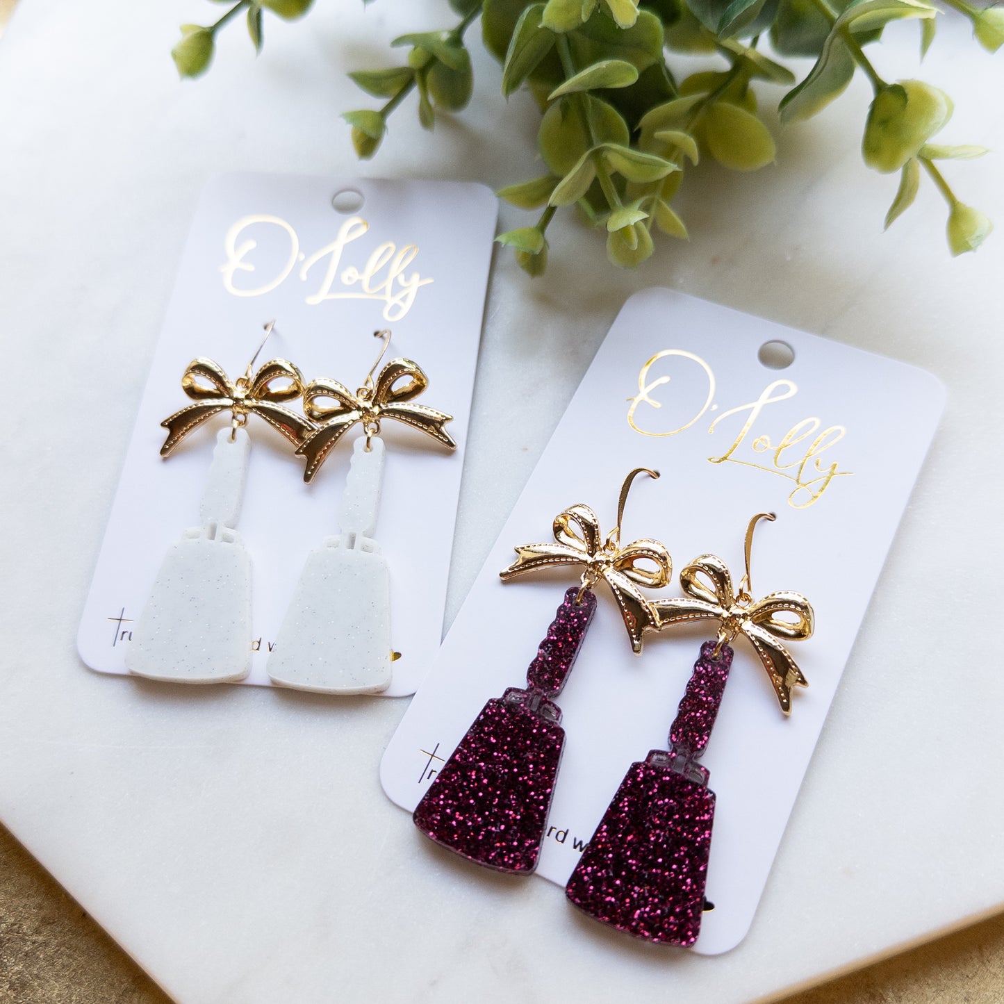 White or Maroon Acrylic Glitter Cowbell w/Gold Bow