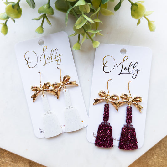 White or Maroon Acrylic Glitter Cowbell w/Gold Bow