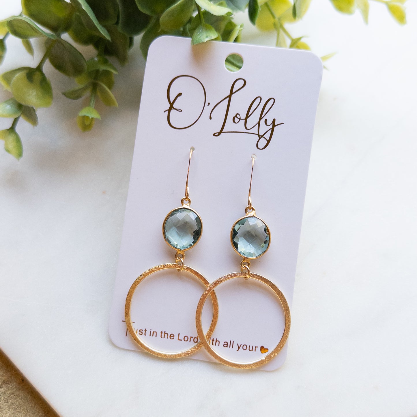 Gold Hoop w/Aqua Glass Connector “Wrenley”