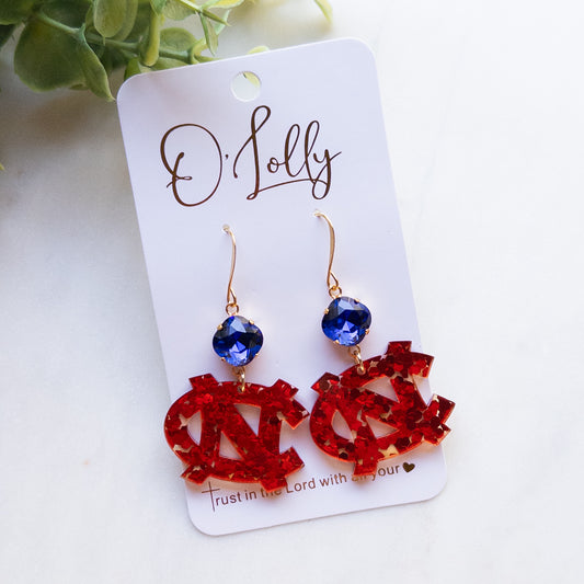 NC Rockets Red Glitter Acrylic Earrings w/Blue Stone