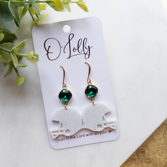 White Acrylic Helmet w/Green Stone Earrings