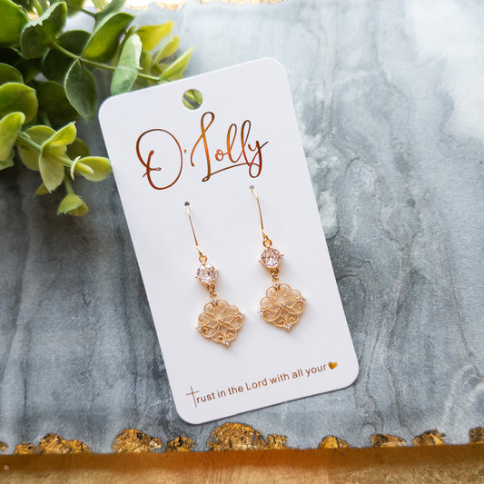 Dainty Clear Glass Connector w/Gole CZ Shaped Dangle Earrings - “Adeline”