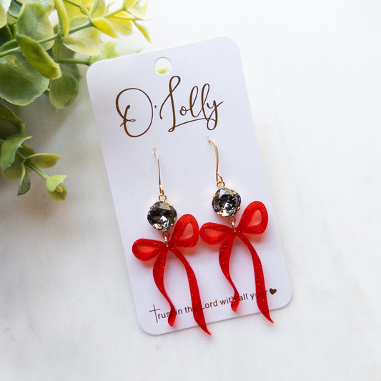 Red Glitter Acrylic Bow Earrings w/Charcoal Stone