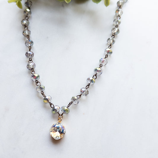 Smoky Beaded Necklace w/Clear Moonlight Stone