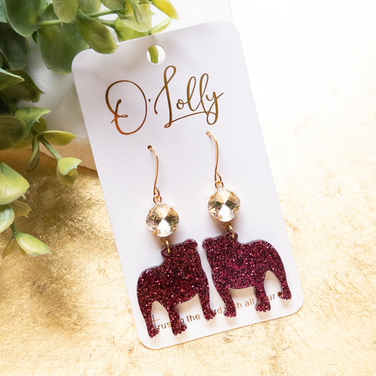 Maroon Glitter Acrylic Bulldog w/Clear Stone