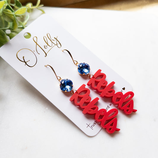 Red Acrylic Rebels Earrings w/Blue Stone