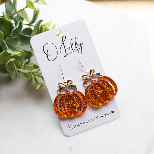Orange Glitter Acrylic Pumpkin Earrings w/Gold Bow