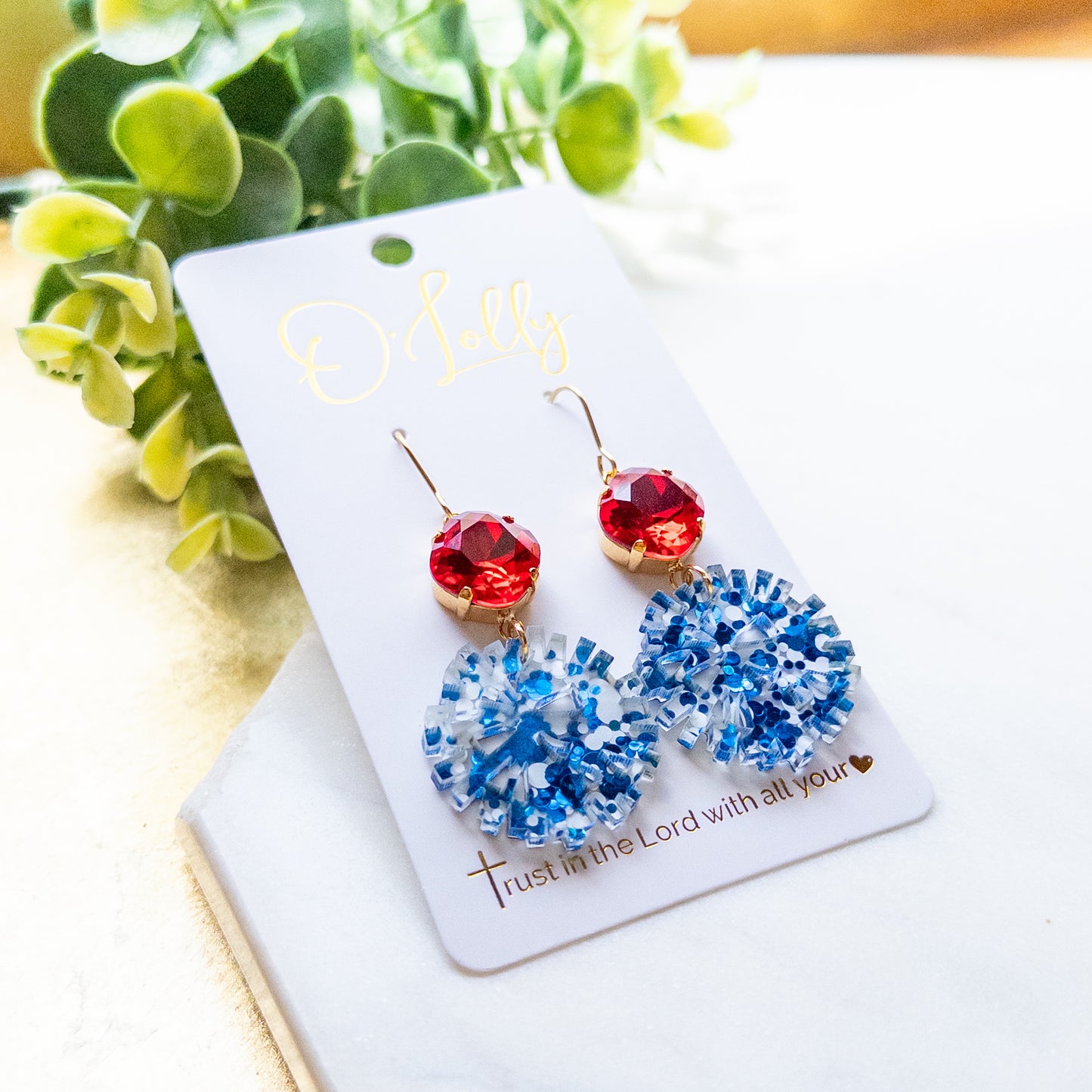 Red & Blue Pom Pom Earrings