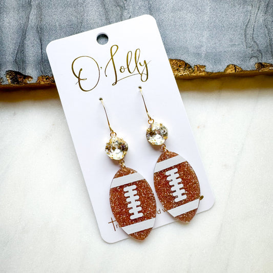 O’Lolly “Football” Earrings- Clear Stone w/Glitter Acrylic Football
