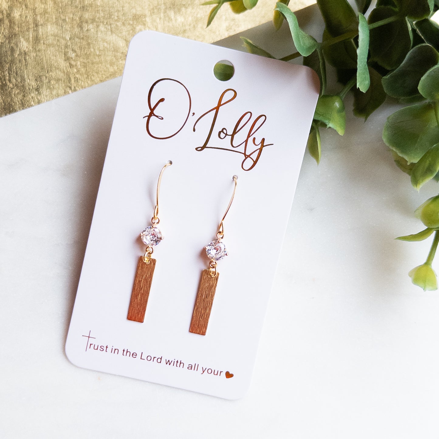 Gold Textured Dainty Bar w/Clear Glass Stone “Brook”