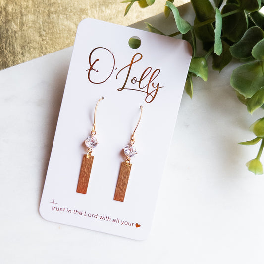 Gold Textured Dainty Bar w/Clear Glass Stone “Brook”