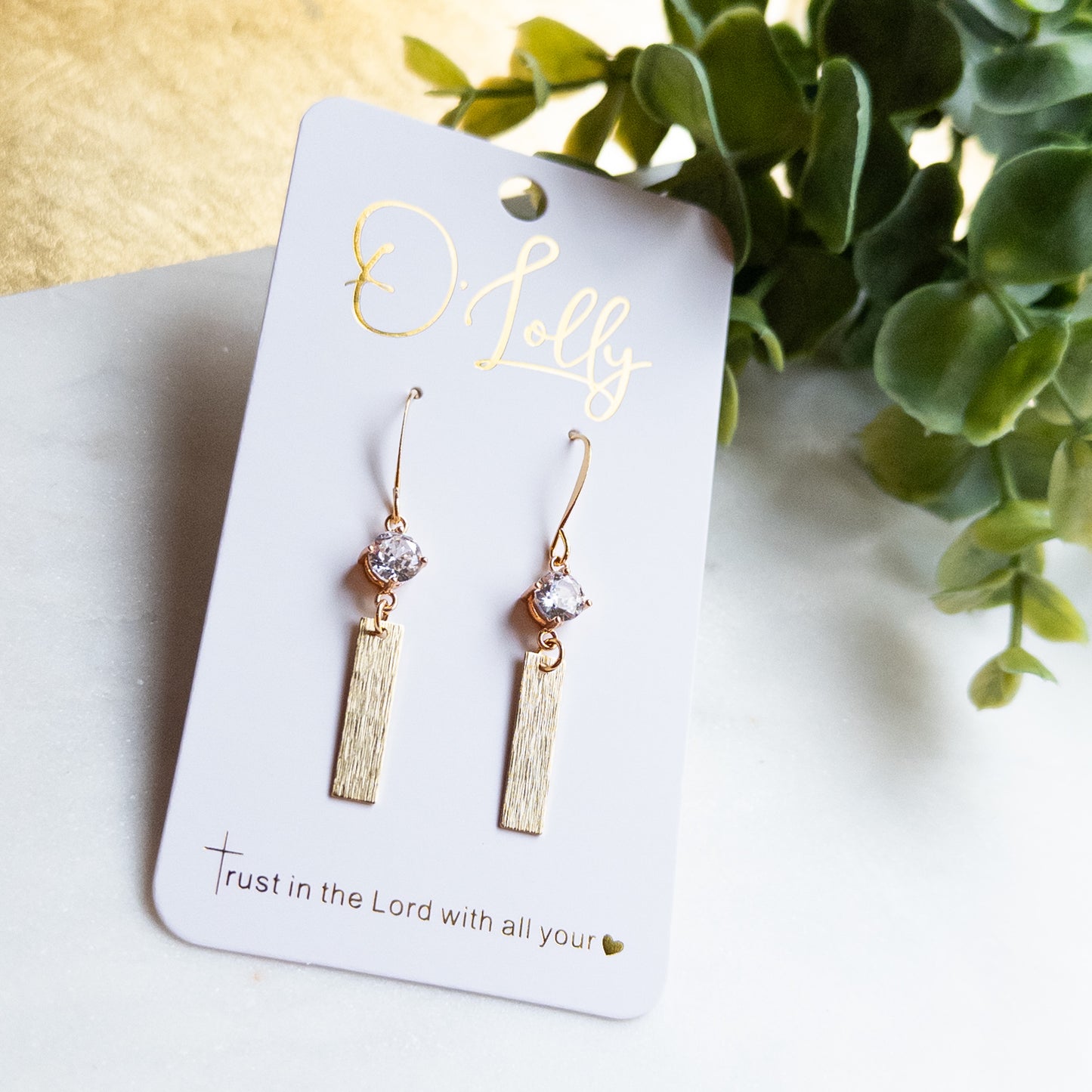 Gold Textured Dainty Bar w/Clear Glass Stone “Brook”