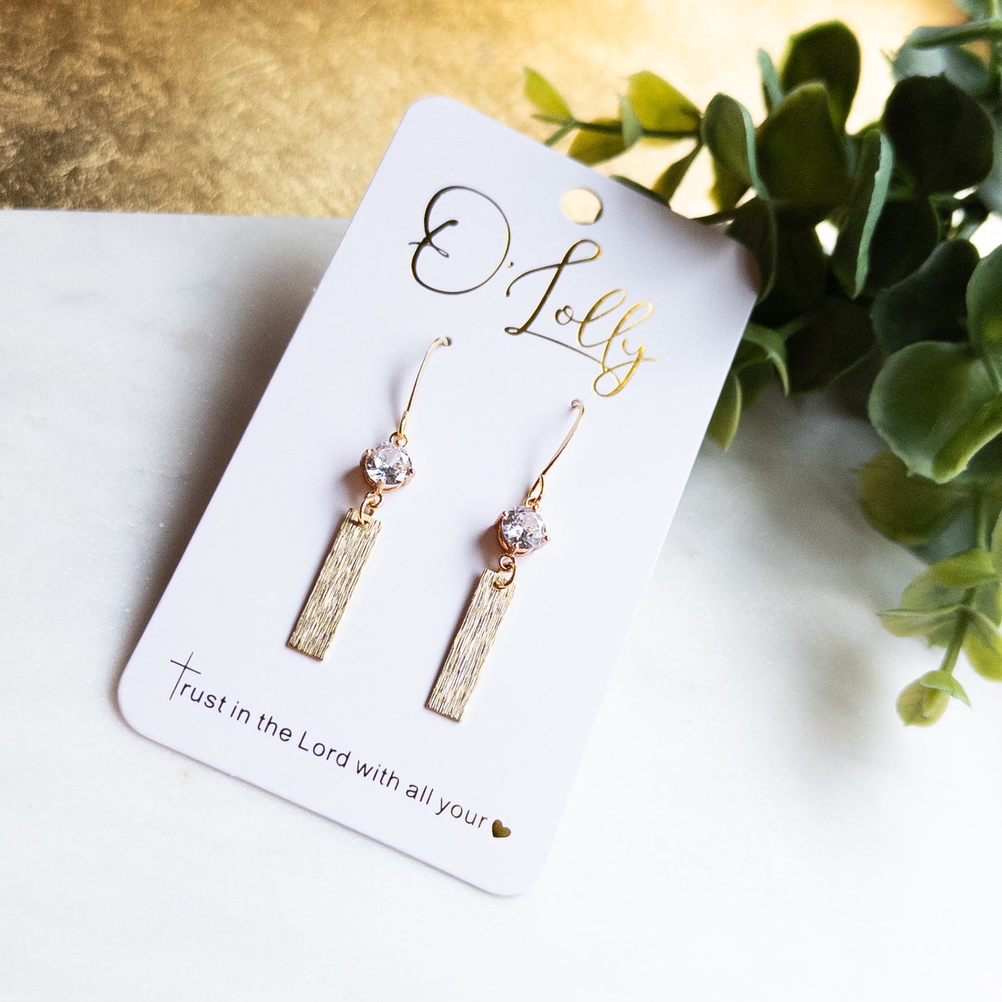 Gold Textured Dainty Bar w/Clear Glass Stone “Brook”