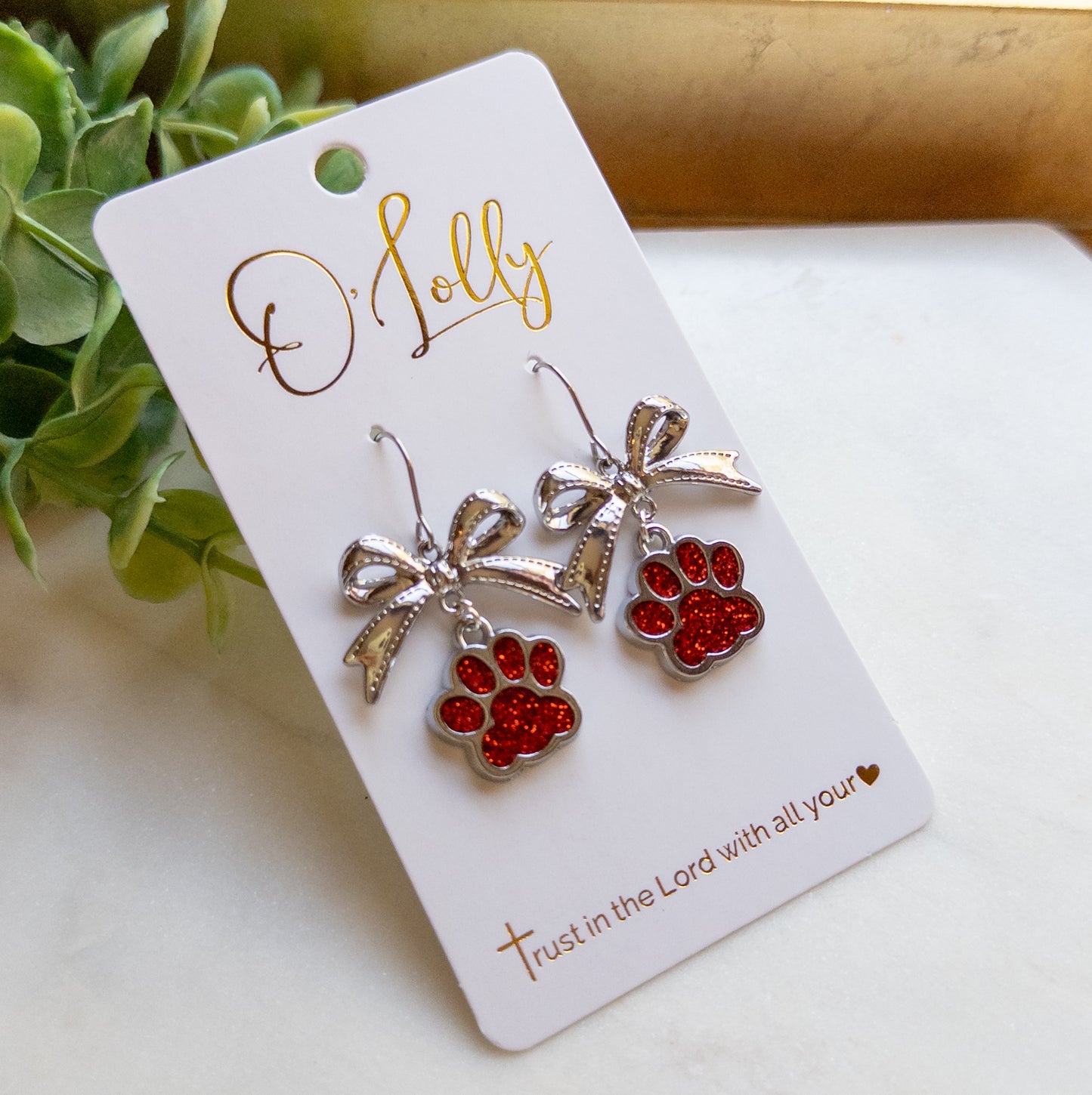 Red Glitter Paw Print Bow Earrings “Baylor”