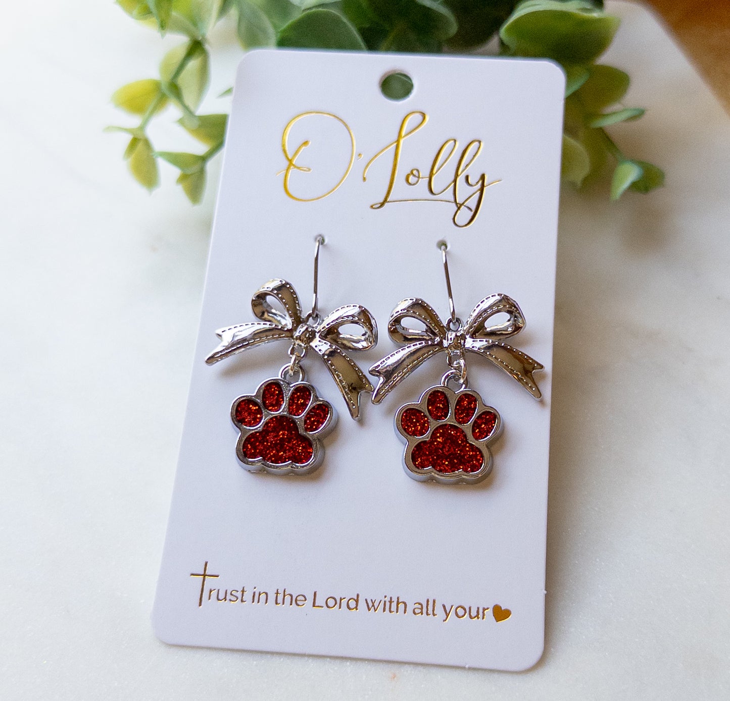 Red Glitter Paw Print Bow Earrings “Baylor”