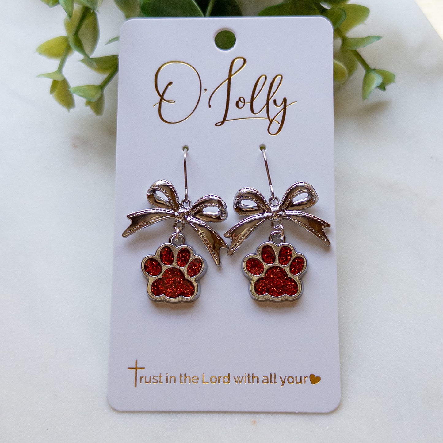 Red Glitter Paw Print Bow Earrings “Baylor”