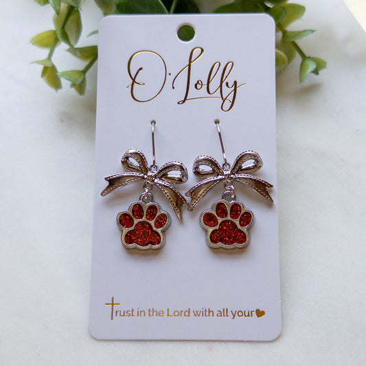 Red Glitter Paw Print Bow Earrings “Baylor”