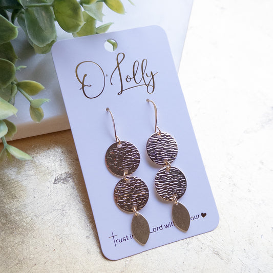 Double Gold Textured Disc w/Leaf Shape Dangle “Eloise”