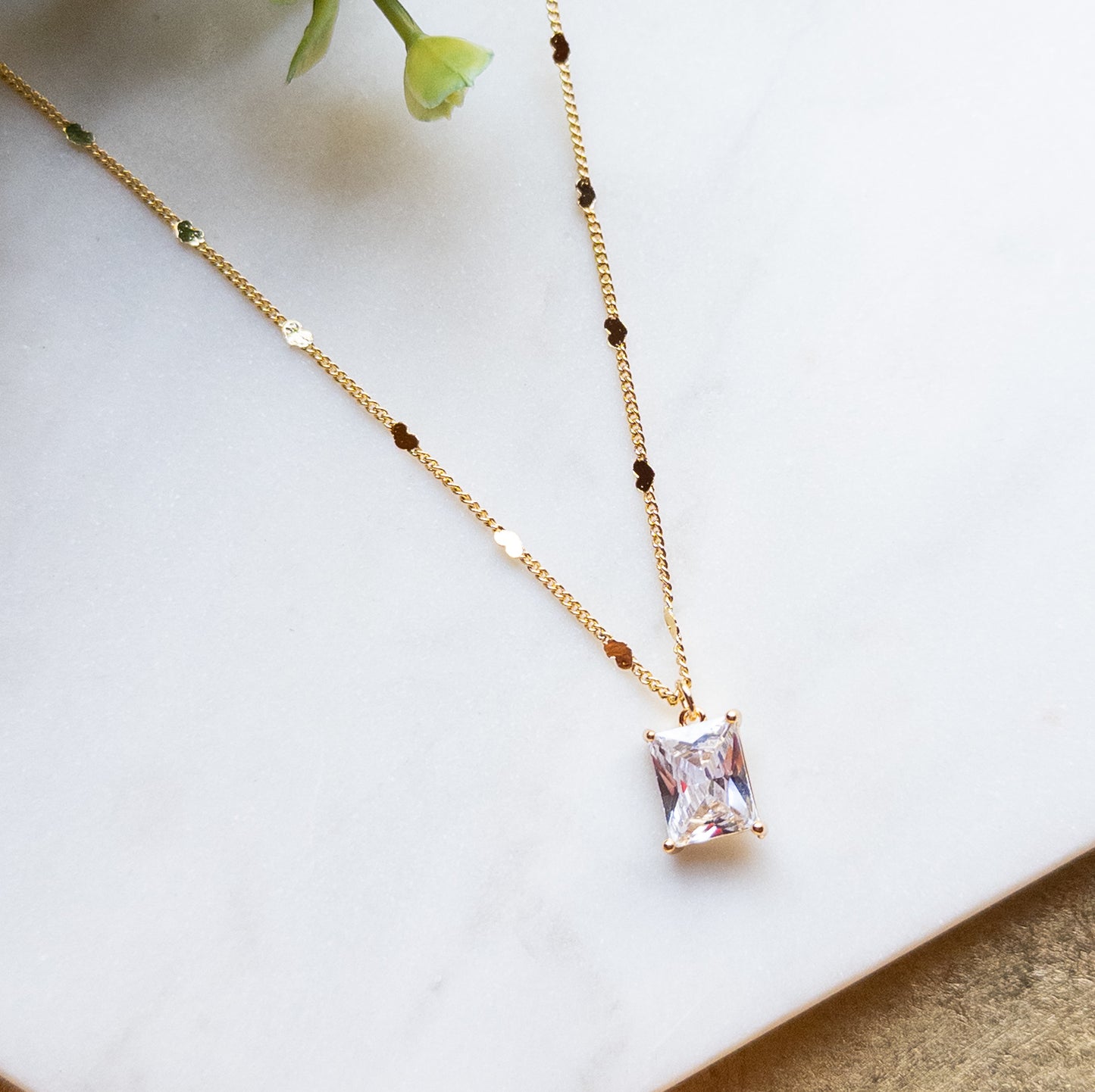 Rectangle Cubic Zirconia Pendant Necklace w/18k Gold Plated Chain