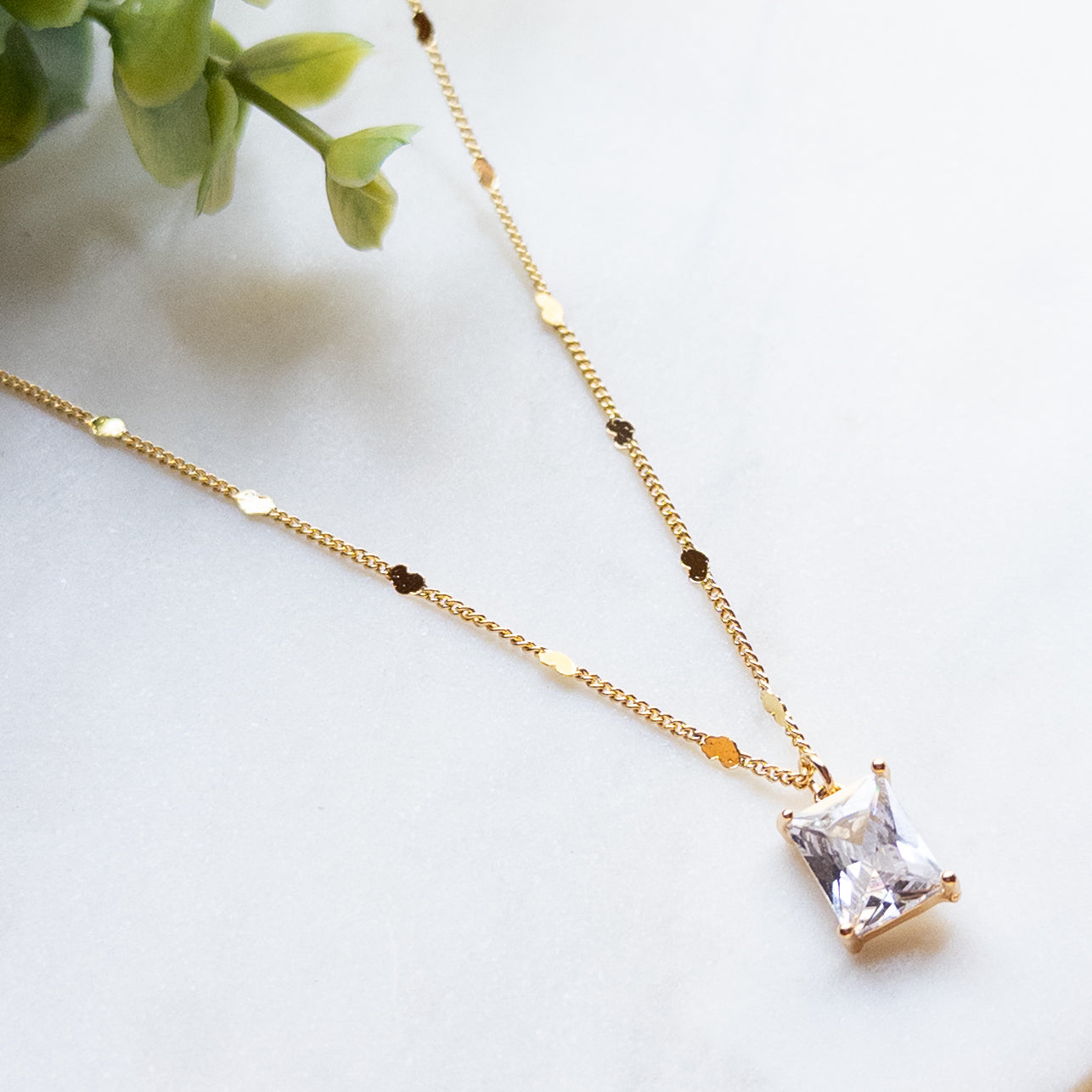 Rectangle Cubic Zirconia Pendant Necklace w/18k Gold Plated Chain
