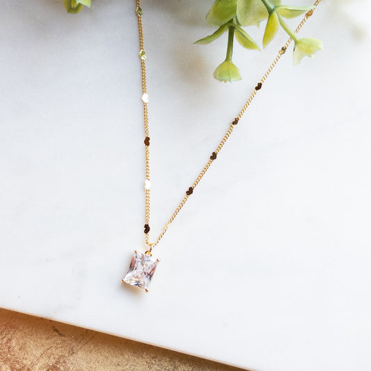Rectangle Cubic Zirconia Pendant Necklace w/18k Gold Plated Chain