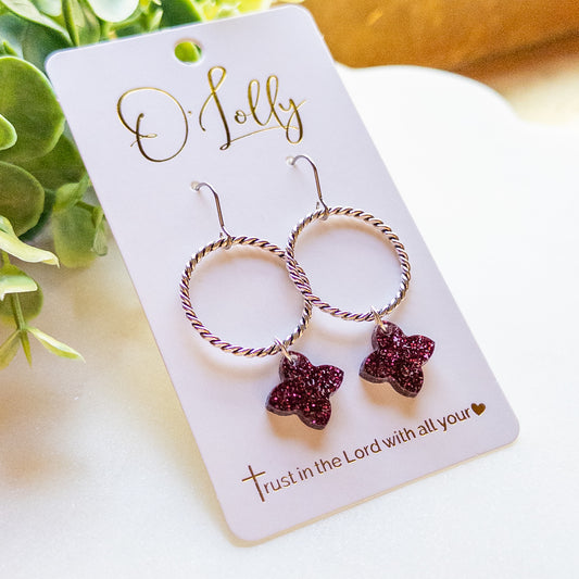 Silver Twisted Hoop Earrings with Maroon Glitter Geometric Charm