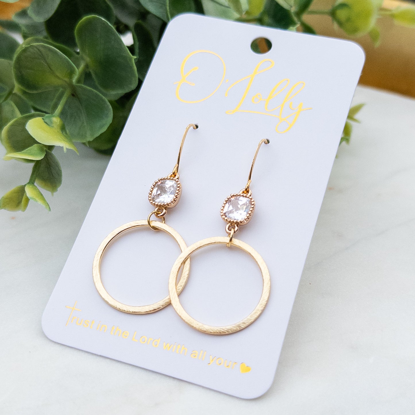 CZ Stone w/Gold Textured Hoop Dangle Earrings “Ollie”
