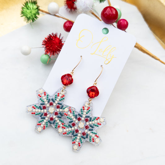 Acrylic Silver Glitter Snowflake w/Red Stone