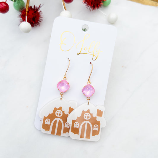 Gingerbread House w/Pink Stone Earrings