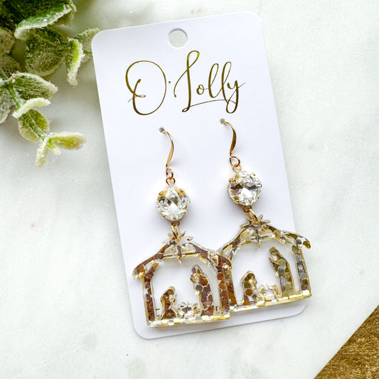 O’Lolly “Manger” Earrings- Clear Stone w/Gold Acrylic Christmas Manger