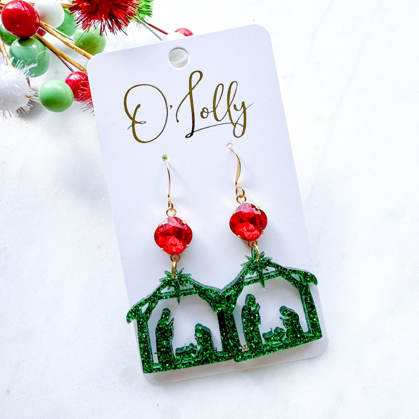 O’Lolly “Manger” Earrings- Clear Stone w/Gold Acrylic Christmas Manger