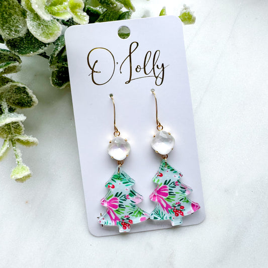 O’Lolly Christmas Tree Earrings w/Pink Bow Acrylic (SALE)