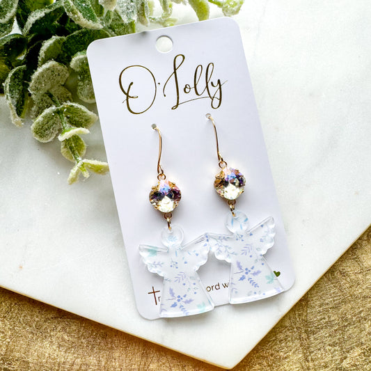 O’Lolly “Angel” Earrings- Clear Stone with White/Light Blue Acrylic Angel