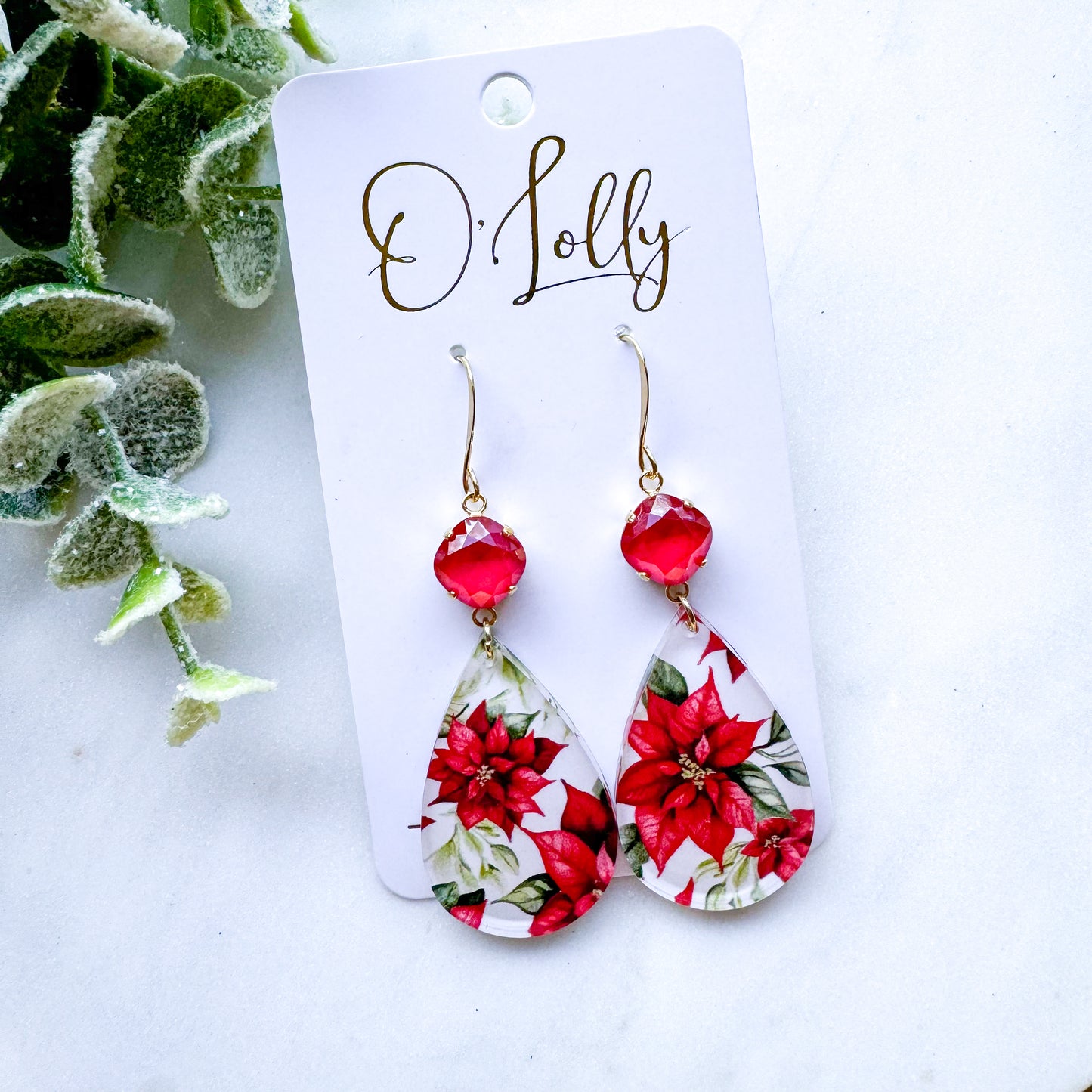 Poinsettia Teardrop Acrylic Earrings w/Red Stone, Red & White