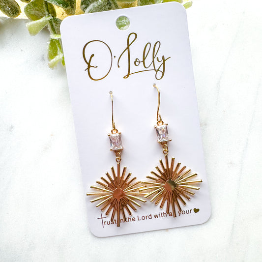 Cubic Zirconia Stone w/Gold Burst Dangle Earrings “Kenna”