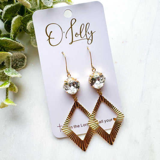Gold Textured Rhombus w/Clear Stone “Marie”