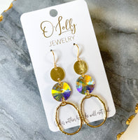 O'Lolly "Abby" Earrings - Gold & AB Discs w/Textured Oval