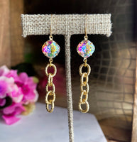 O'Lolly "Fran" Earrings - AB Speckled Stone w/Gold Chain Dangle