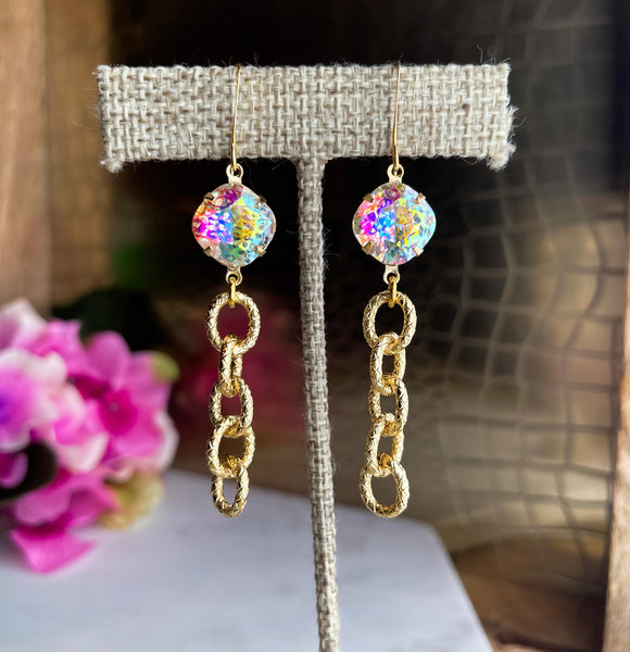 O'Lolly "Fran" Earrings - AB Speckled Stone w/Gold Chain Dangle